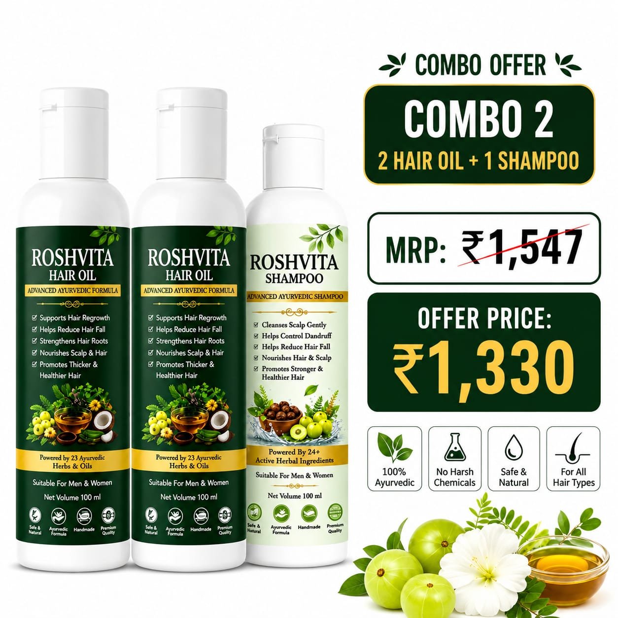 WhatsApp Image 2026-08-22 at 1.56.33 PM ROSHVITA Hair Care Combo | 2 Hair Oil 100 ml Each + 1 Shampoo 100 ml | Hair Fall, Hair Breakage, Weak Hair & Dandruff Care | Nourishes Scalp & Hair | Stronger, Smoother & Healthier-Looking Hair - Image 1
